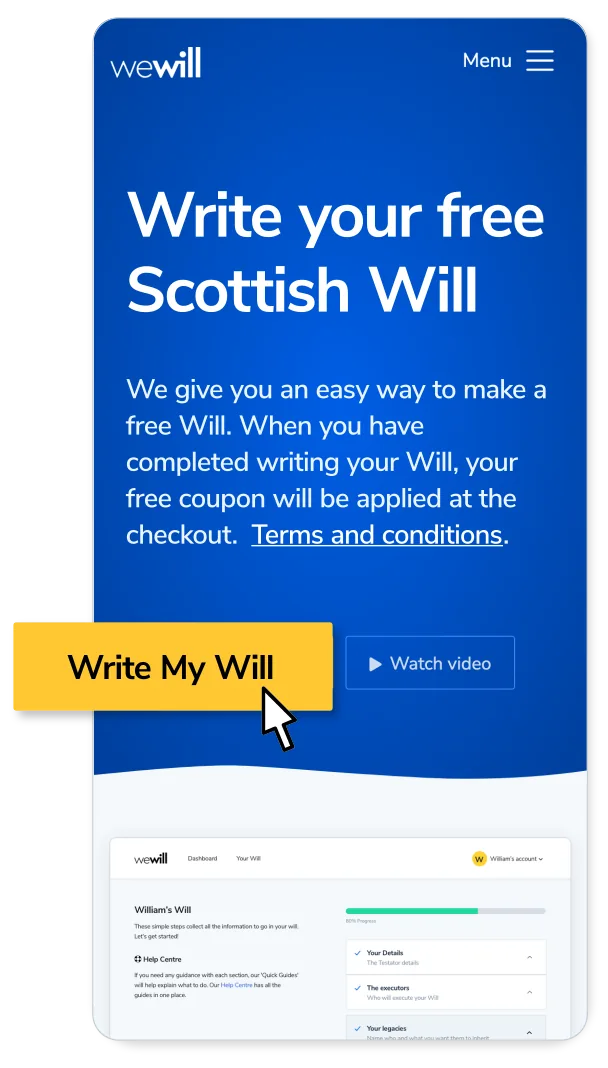A charity-branded free Scottish Will campaign page shown on a mobile phone